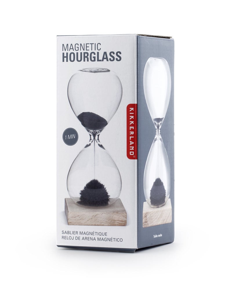 KIKKERLAND Kikkerland One Minute Timer Countdown Black Magnetic Sand Hourglass Wood Base Stalagmite 