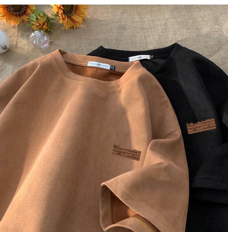 Brown suede heavy small neckline short sleeve T-shirt male summer beauty retro tide brand trend oversize Brown - Image 1
