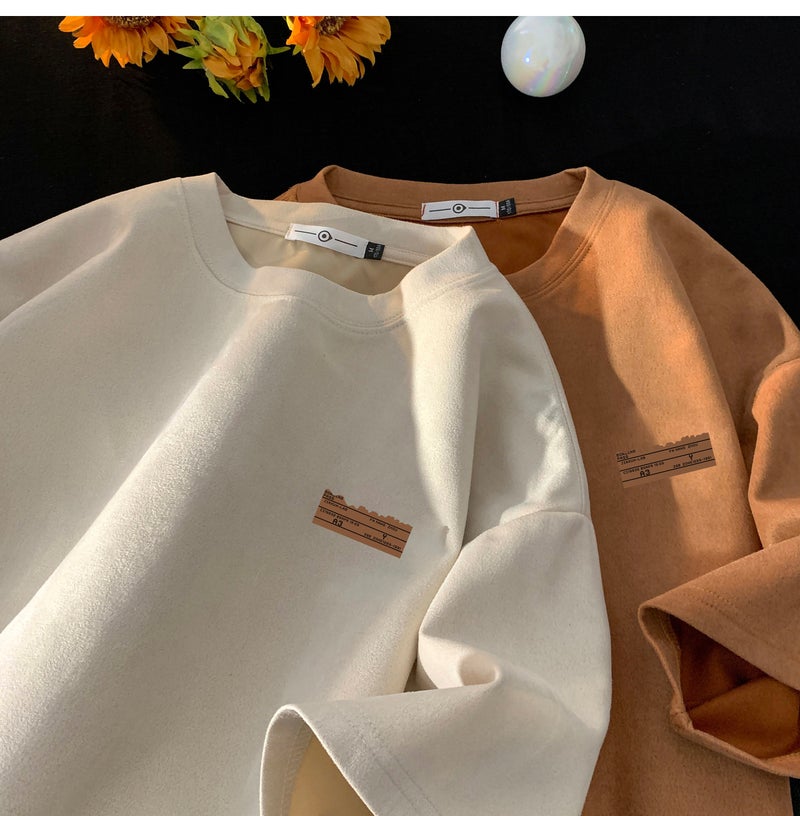 Brown suede heavy small neckline short sleeve T-shirt male summer beauty retro tide brand trend oversize Brown - Image 2