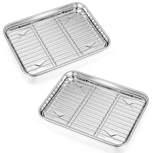 P&P CHEF 9 Inch Toaster Oven Pans with Racks, 4 Pieces Stainless Steel Oven Tray Baking Pan Sheet and Cooling Rack for Oven Cooking Roasting, Non Toxic & Dishwasher Safe - Image 1