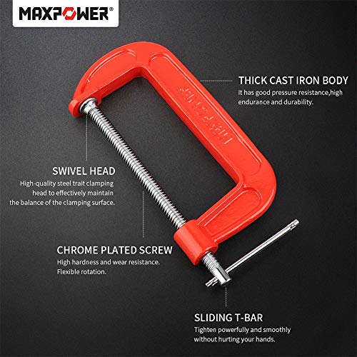 MAXPOWER 4-pieces C Clamps Set, 6 Inch C Clamp, Up To 6-Inch Jaw Opening, 2-3/4 Inch Throat Depth - Image 3