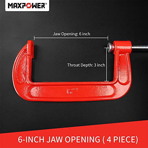 MAXPOWER 4-pieces C Clamps Set, 6 Inch C Clamp, Up To 6-Inch Jaw Opening, 2-3/4 Inch Throat Depth - Image 2