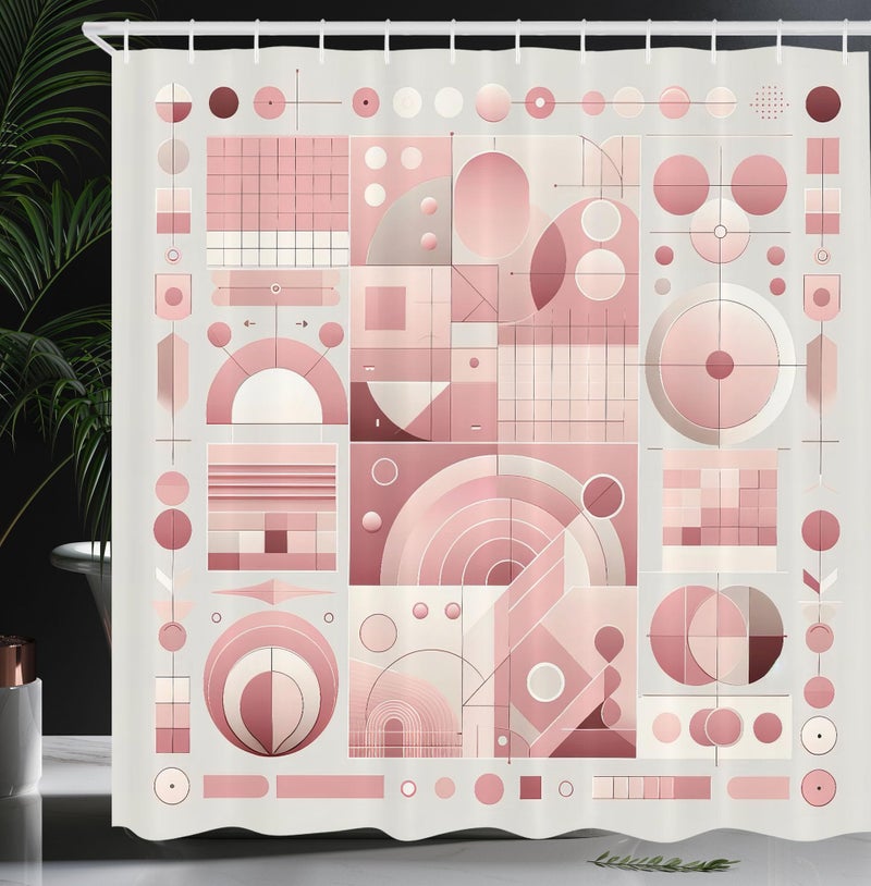 Ambesonne Pink Shower Curtain  Mid Century Modern Themed Geometric Huddle of Roundy Shapes and Lines Boho  Cloth Fabric Bathroom Decor Set with Hooks  69"" W x 70"" L  Dried Rose Grey Yellow - Image 1