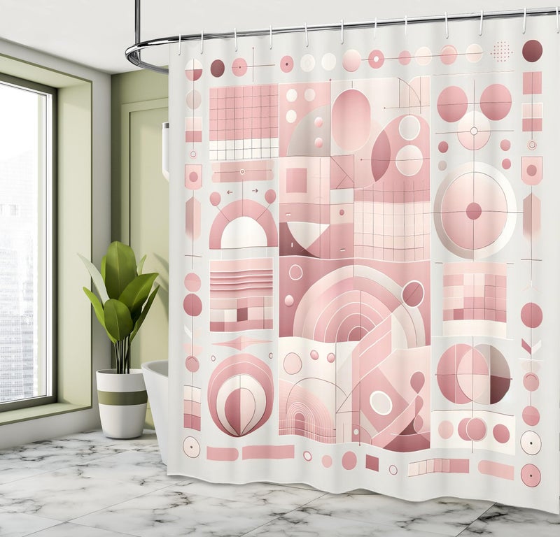 Ambesonne Pink Shower Curtain  Mid Century Modern Themed Geometric Huddle of Roundy Shapes and Lines Boho  Cloth Fabric Bathroom Decor Set with Hooks  69"" W x 70"" L  Dried Rose Grey Yellow - Image 2