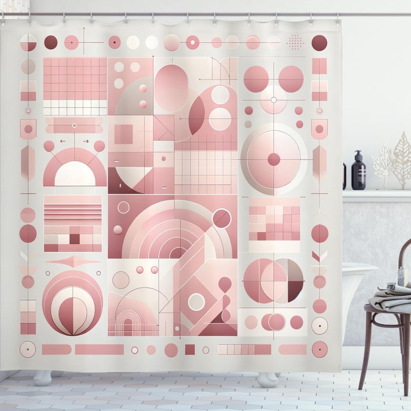Ambesonne Pink Shower Curtain  Mid Century Modern Themed Geometric Huddle of Roundy Shapes and Lines Boho  Cloth Fabric Bathroom Decor Set with Hooks  69"" W x 70"" L  Dried Rose Grey Yellow - Image 3