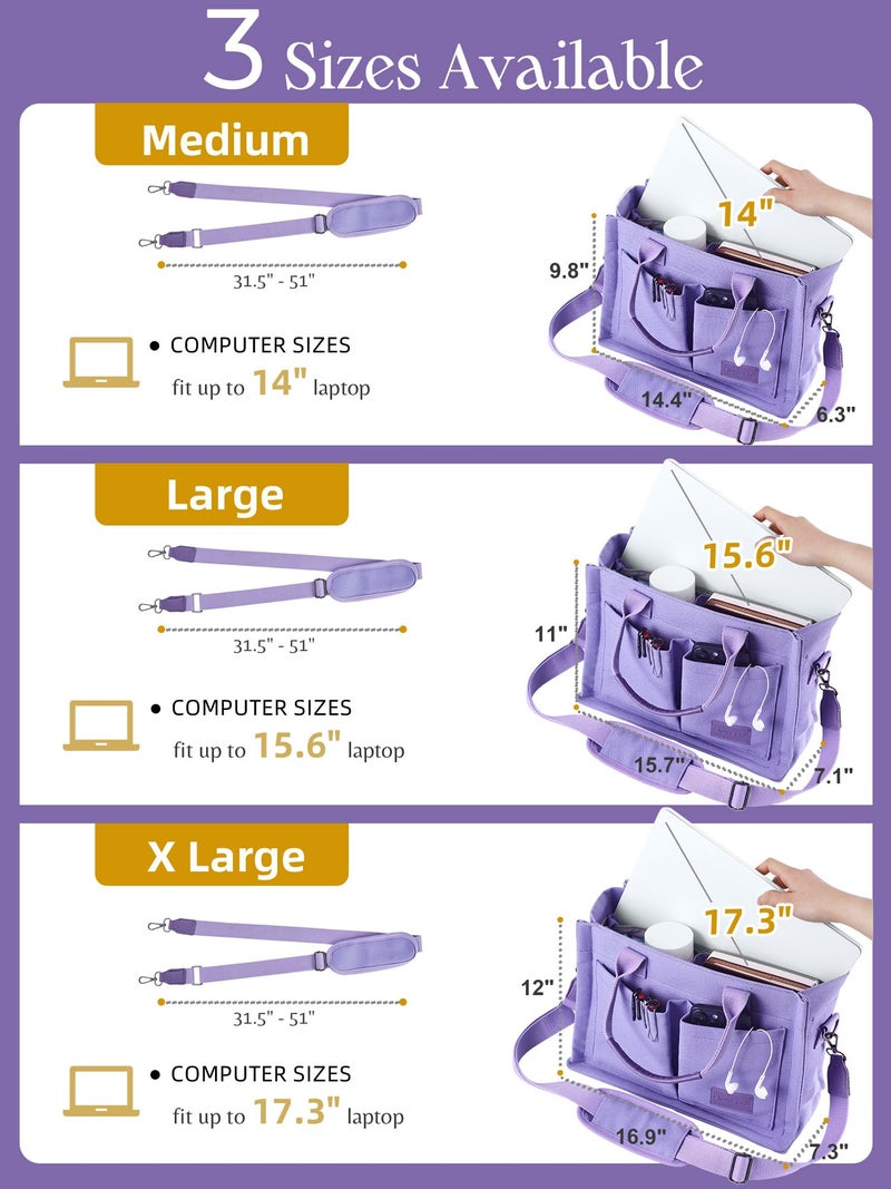 FIORETTO Canvas Tote Bag for Women with Zipper Closure & Individual Compartments for Work College, Crossbody Laptop Tote Purse Handbag with Detachable Strap & Bottom Support for Teacher Nurse Purple - Image 4