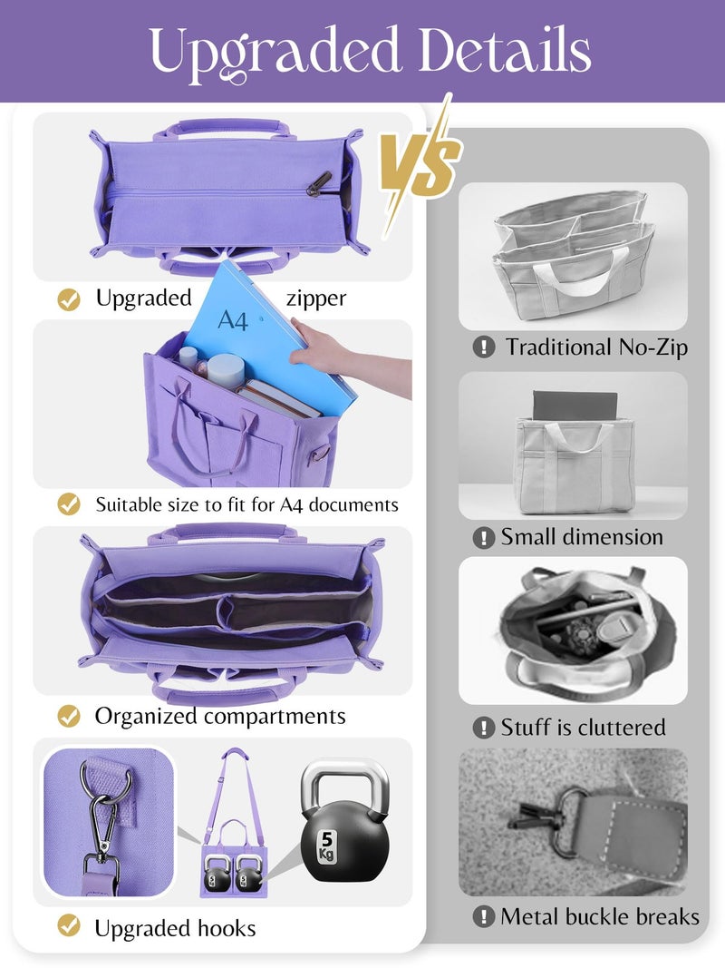 FIORETTO Canvas Tote Bag for Women with Zipper Closure & Individual Compartments for Work College, Crossbody Laptop Tote Purse Handbag with Detachable Strap & Bottom Support for Teacher Nurse Purple - Image 2