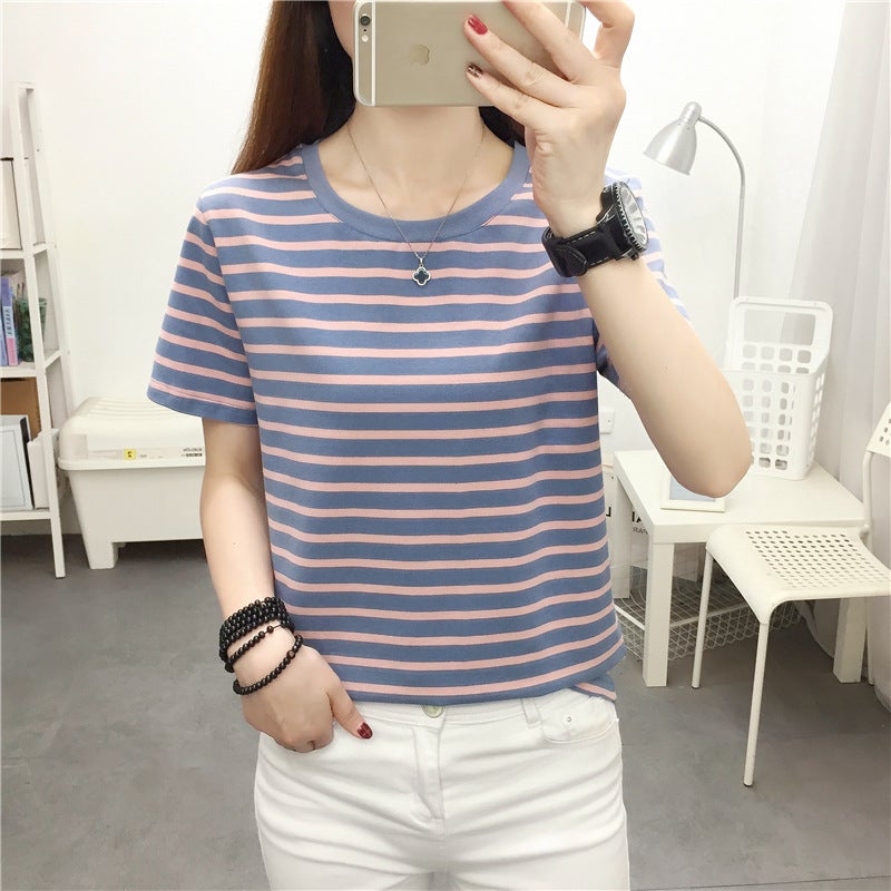 2024 New Summer Cotton Short-sleeved T-shirt Women's apricot Striped T-shirt plus size Loose Round Neck Top - Image 4