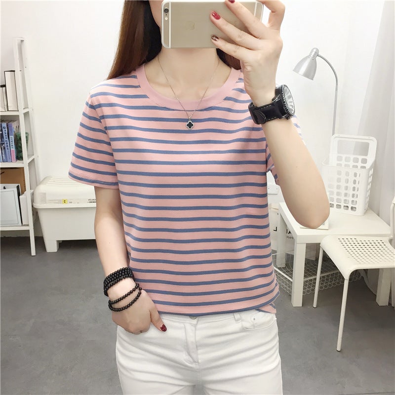 2024 New Summer Cotton Short-sleeved T-shirt Women's apricot Striped T-shirt plus size Loose Round Neck Top - Image 5