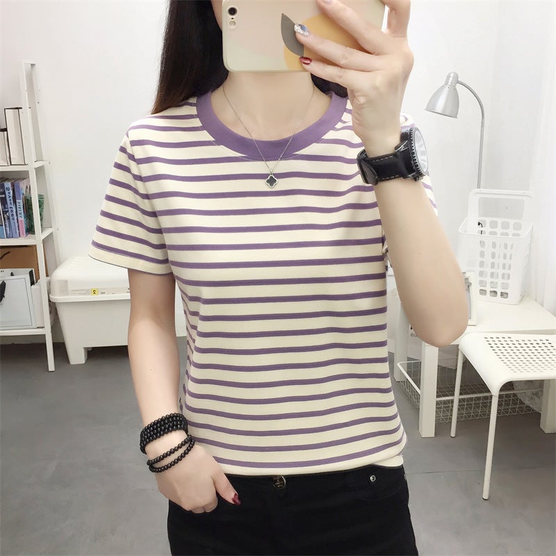 2024 New Summer Cotton Short-sleeved T-shirt Women's apricot Striped T-shirt plus size Loose Round Neck Top - Image 2