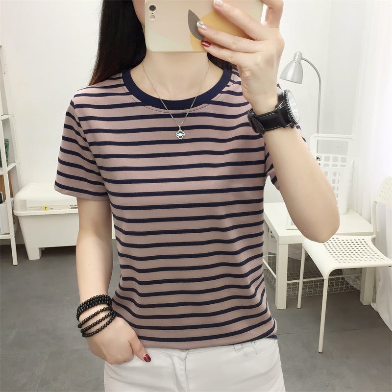 2024 New Summer Cotton Short-sleeved T-shirt Women's apricot Striped T-shirt plus size Loose Round Neck Top - Image 3