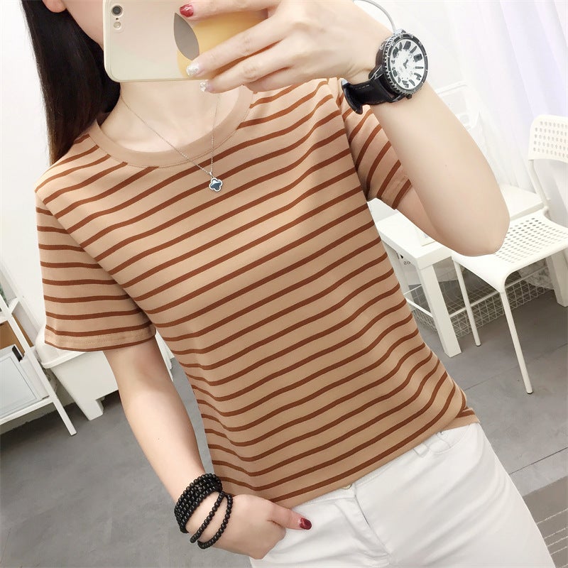 2024 New Summer Cotton Short-sleeved T-shirt Women's apricot Striped T-shirt plus size Loose Round Neck Top - Image 1