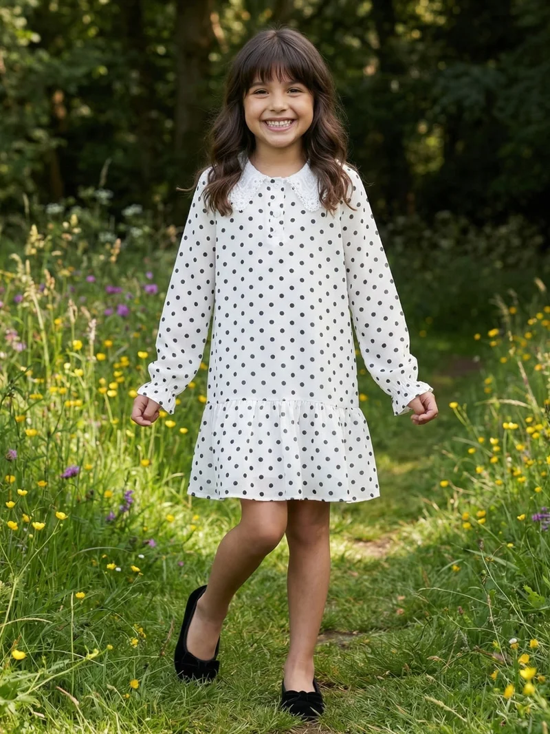 جلو باص Globus Girls White Polk Dots Collared Neck Lace Detail Bishop Sleeves Tiered A-Line Mini Party Dress