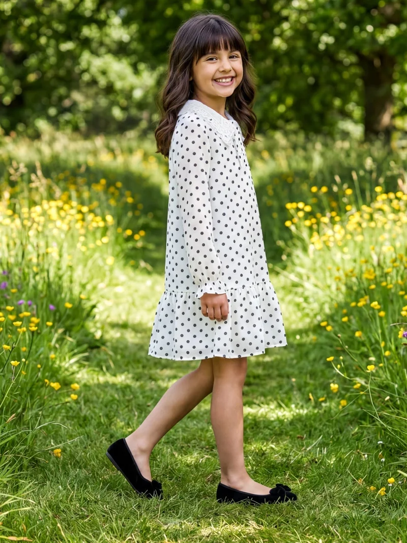 جلو باص Globus Girls White Polk Dots Collared Neck Lace Detail Bishop Sleeves Tiered A-Line Mini Party Dress