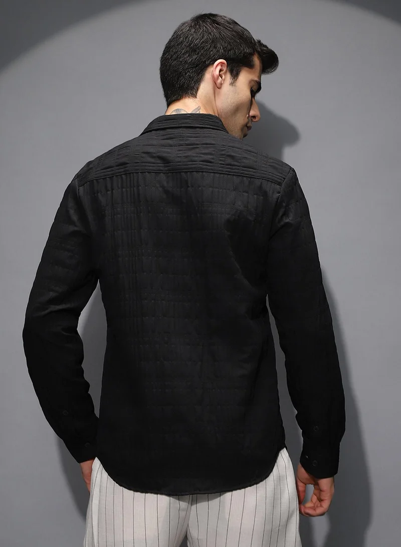 كامبوس سوترا Campus Sutra Men's Navy Blue Tactile Regular Shirt For Casual Wear | Spread Collar | Long Cuffed Sleeves | Button Closure | Shirt Shirt Crafted With Comfort Fit For Everyday Wear