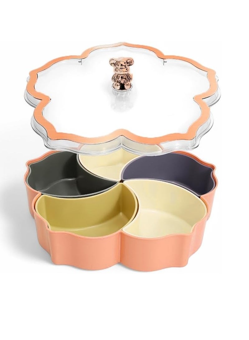 Plan A Flower Design Serving Plate, 5 Compartments with Clear Lid with Gold Frame Perfect for Serving Desserts, Nuts, and Treats - Adds a Sophisticated Touch to Your Hospitality (Orange with Copper Frame) - Image 1