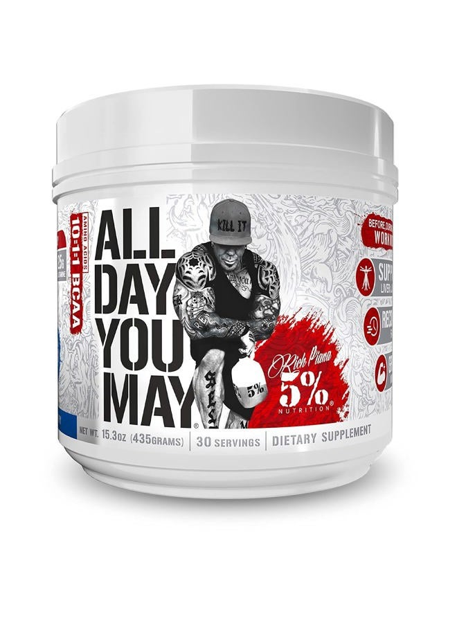 5% Nutrition Rich Piana AllDayYouMay BCAA Powder | Premium Intra & Post Workout Amino Acids, Hydration, Endurance, Muscle Recovery, Joint & Liver Support | 16.4 oz, 30 Servings (Blue Raspberry) - Image 1