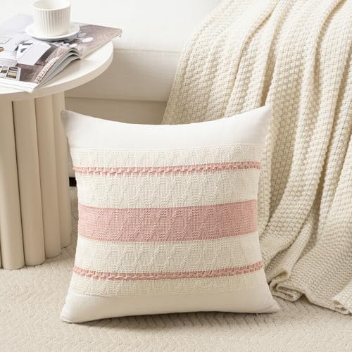 Fancy Homi Set of 2 Boho Pink Decorative Throw Pillow Cover 18x18 Inch for Couch Bed Sofa Aesthetic Modern Organic Farmhouse Home Decor Soft Cotton Cute Accent Macrame Woven Cushion Case - Image 3
