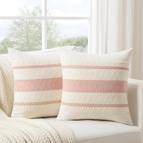 Fancy Homi Set of 2 Boho Pink Decorative Throw Pillow Cover 18x18 Inch for Couch Bed Sofa Aesthetic Modern Organic Farmhouse Home Decor Soft Cotton Cute Accent Macrame Woven Cushion Case - Image 1