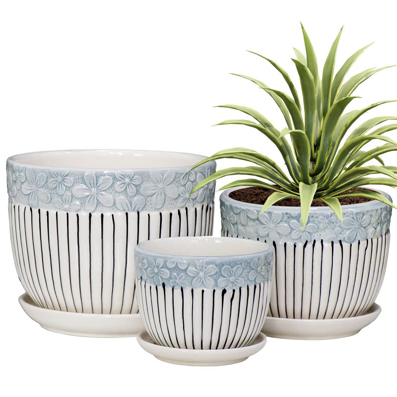 Ton Sin Grey Flower PotsTexture Planter for Indoor Plants Set of 3 Ceramic Flower Pots with SaucerCute Garden Pots Succulent Pots3 PackGrey