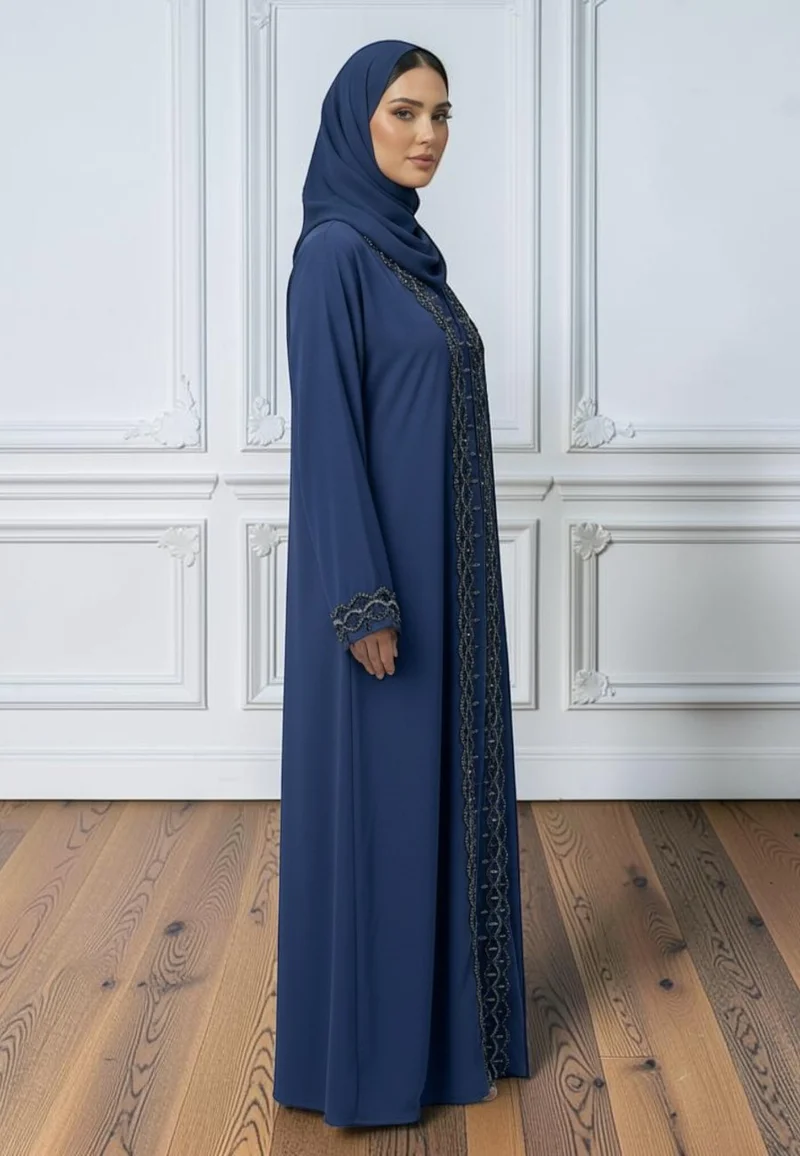 Nukhbaa Navy Blue Elegance: Two-Piece Embellished Abaya Set | Nida Fabric-2P865