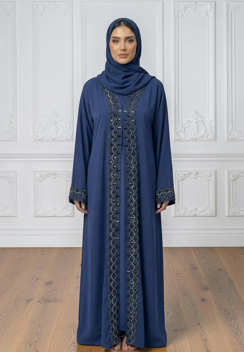 Navy Blue Elegance: Two-Piece Embellished Abaya Set | Nida Fabric-2P865