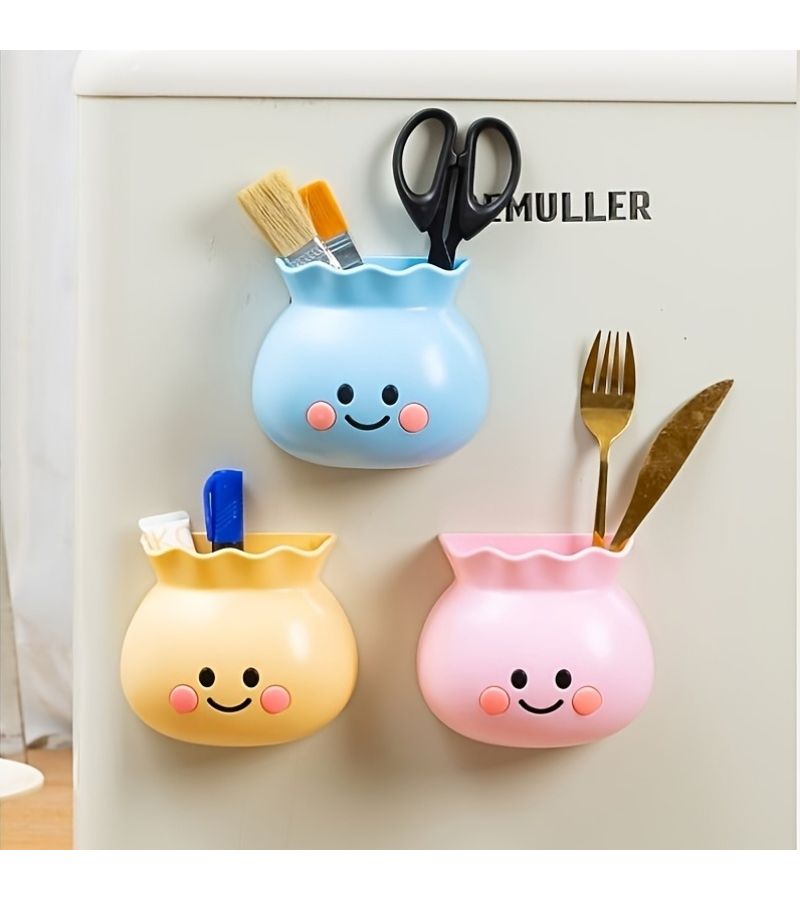 3D Cute Smiling Face Blue Wall Mounted Refrigerator Magnetic ABS Plastic Storage Box Lightweight Compact Novelty Shape For Bathroom Pen Holder - Image 1