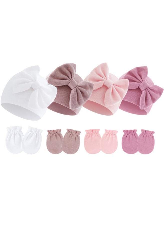 Baby Beanie Cap and Mittens Set, 4-Pack Cotton Bow Design, 0-6 Months, Multi-Color - Image 1