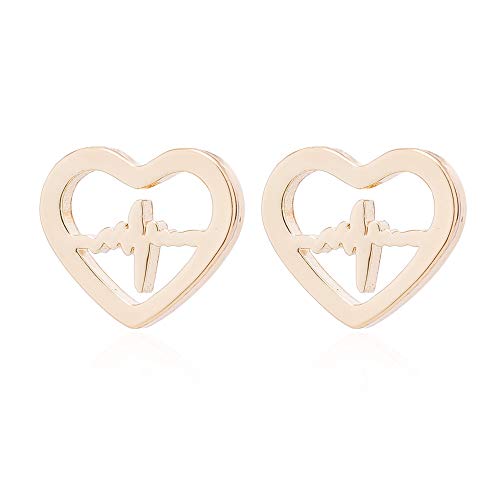 RUIZHEN Open Love Heart Shape Heartbeat EKG Stud Earrings Gift for Nurse (Gold) - Image 1