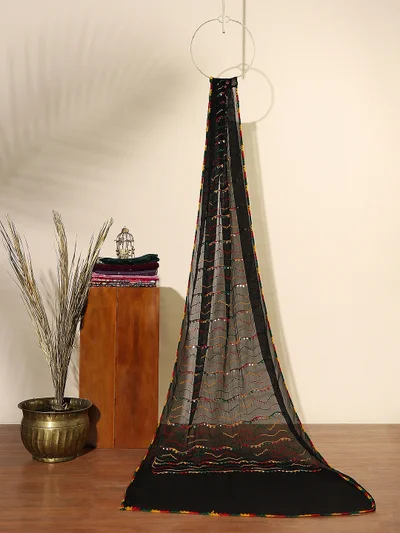 globus Globus Women Black Phulkari Embroidered Chiffon Taping Border Festive Dupatta