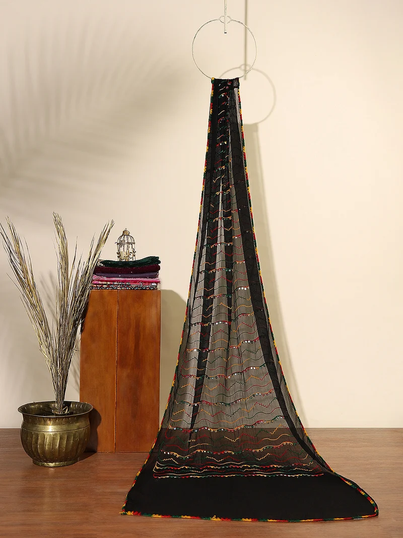 Globus Women Black Phulkari Embroidered Chiffon Taping Border Festive Dupatta