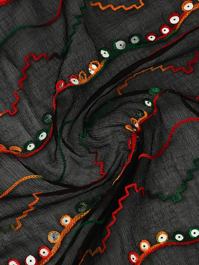 globus Globus Women Black Phulkari Embroidered Chiffon Taping Border Festive Dupatta