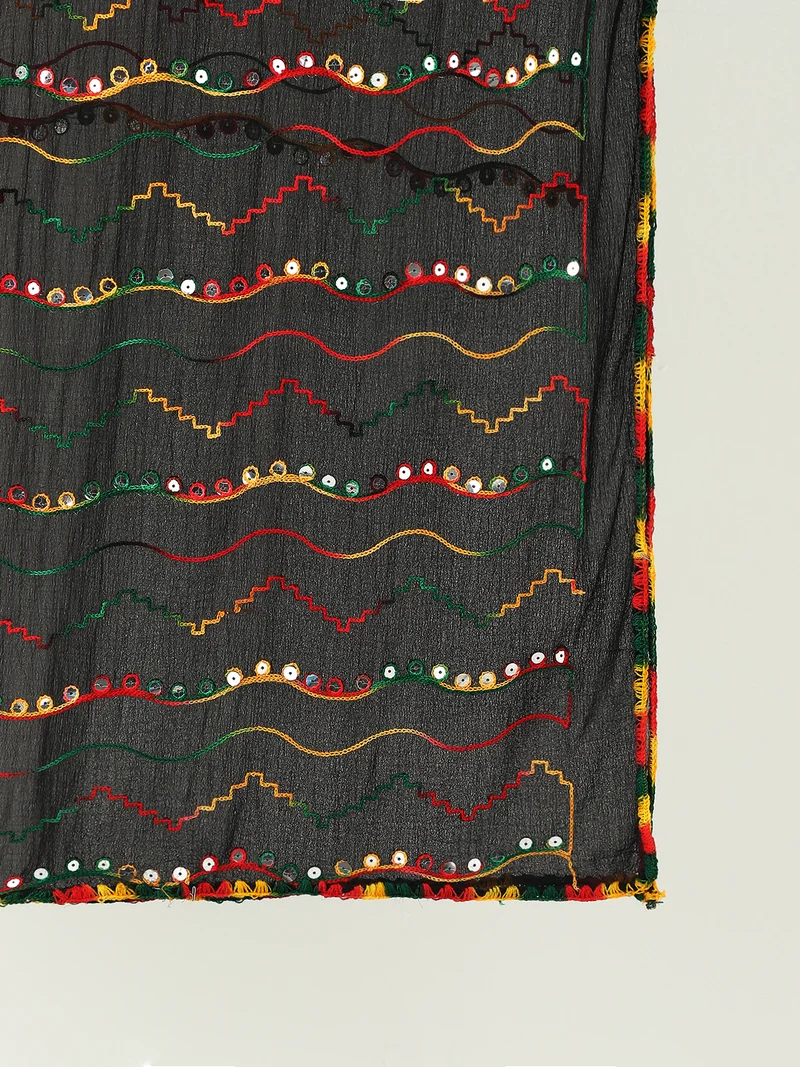 globus Globus Women Black Phulkari Embroidered Chiffon Taping Border Festive Dupatta