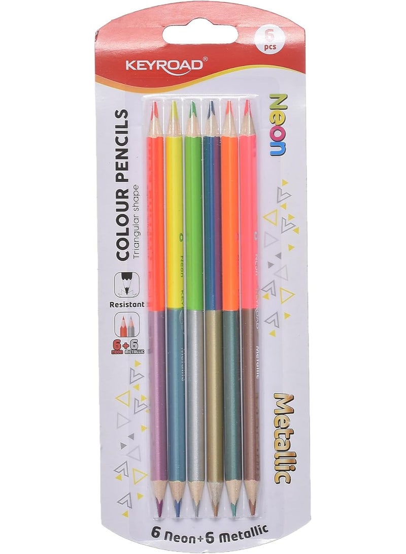 Keyroad-Triangular Wooden Colored Pencils 6 Colors Double-Ended Neon × Metallic Mix Set of 2