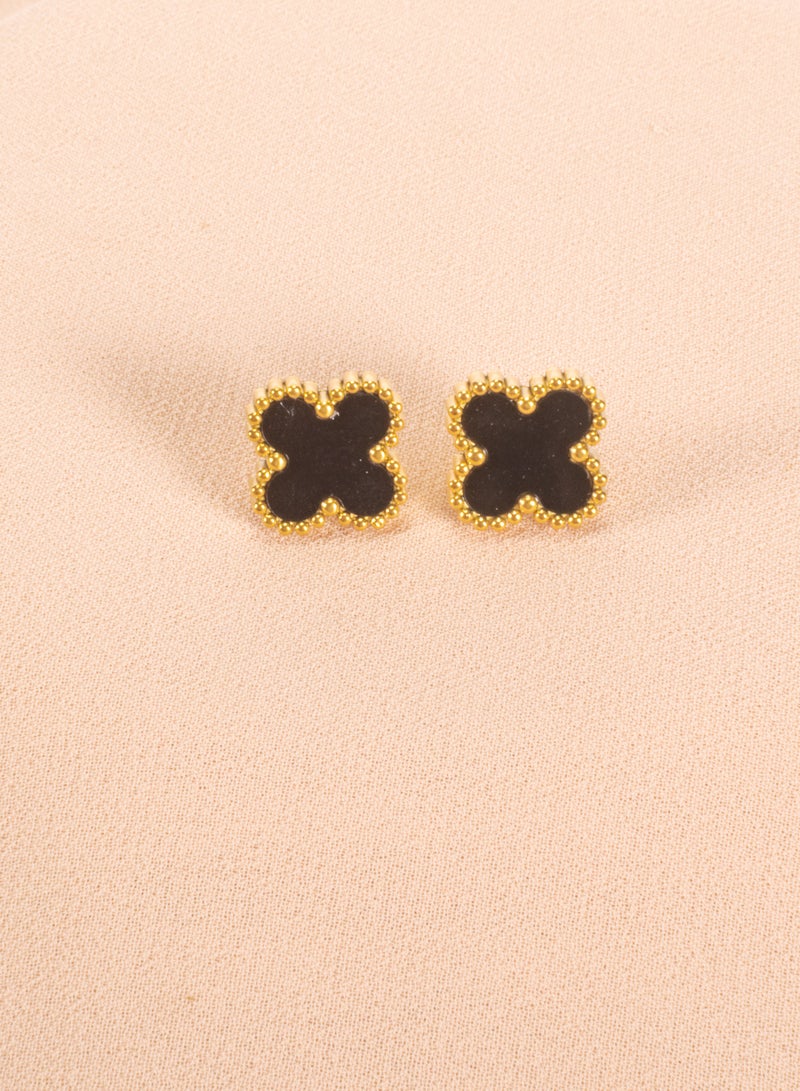 Black Clover Leaf Stainless Steel Golden Earring