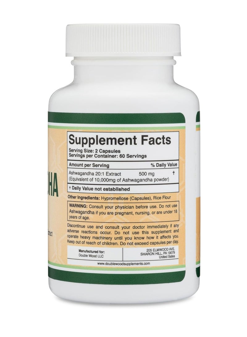 Double Wood Supplements Ashwagandha Adaptogen Stress Relief 500 mg Per Serving 120 capsules - Image 5