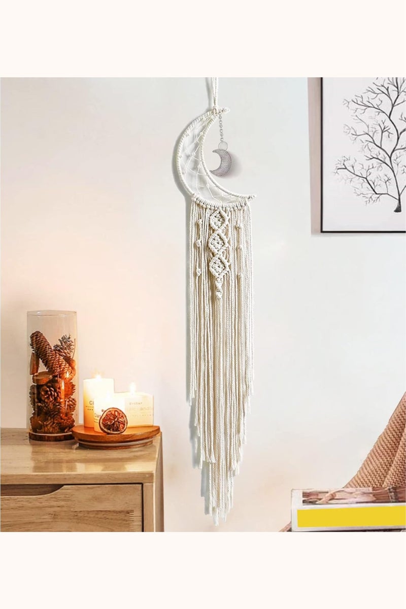 أفاكرافت معلقة حائط مكرمية معلقة على الحائط، ماسك الأحلام بتصميم نجمة قمرية منسوجة يدويًا بتصميم نجمة قمرية منسوجة من القطن، زينة منزلية زخرفية حرفة يدوية، 15 × 102 سم - Image 1