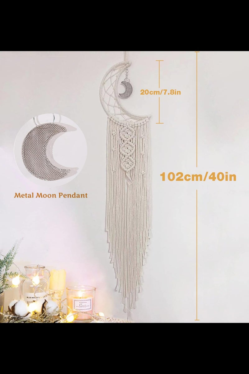 أفاكرافت معلقة حائط مكرمية معلقة على الحائط، ماسك الأحلام بتصميم نجمة قمرية منسوجة يدويًا بتصميم نجمة قمرية منسوجة من القطن، زينة منزلية زخرفية حرفة يدوية، 15 × 102 سم - Image 3