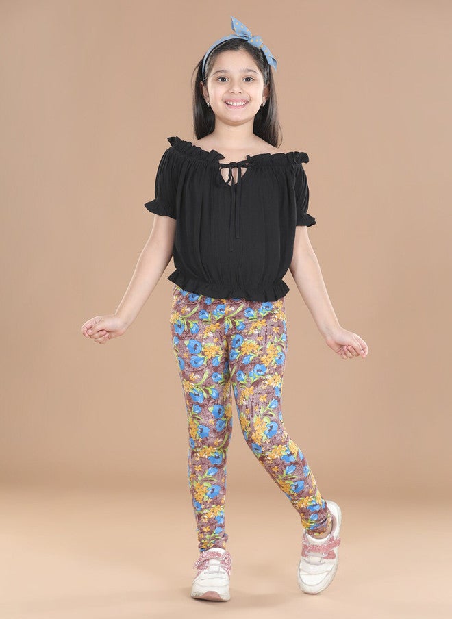 StyleStone Girls Grey & Blue Floral Printed Cotton Jeggings - Image 4