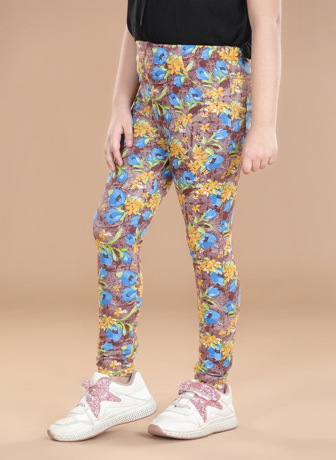 StyleStone Girls Grey & Blue Floral Printed Cotton Jeggings - Image 2