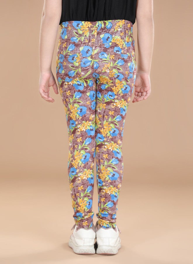 StyleStone Girls Grey & Blue Floral Printed Cotton Jeggings - Image 3