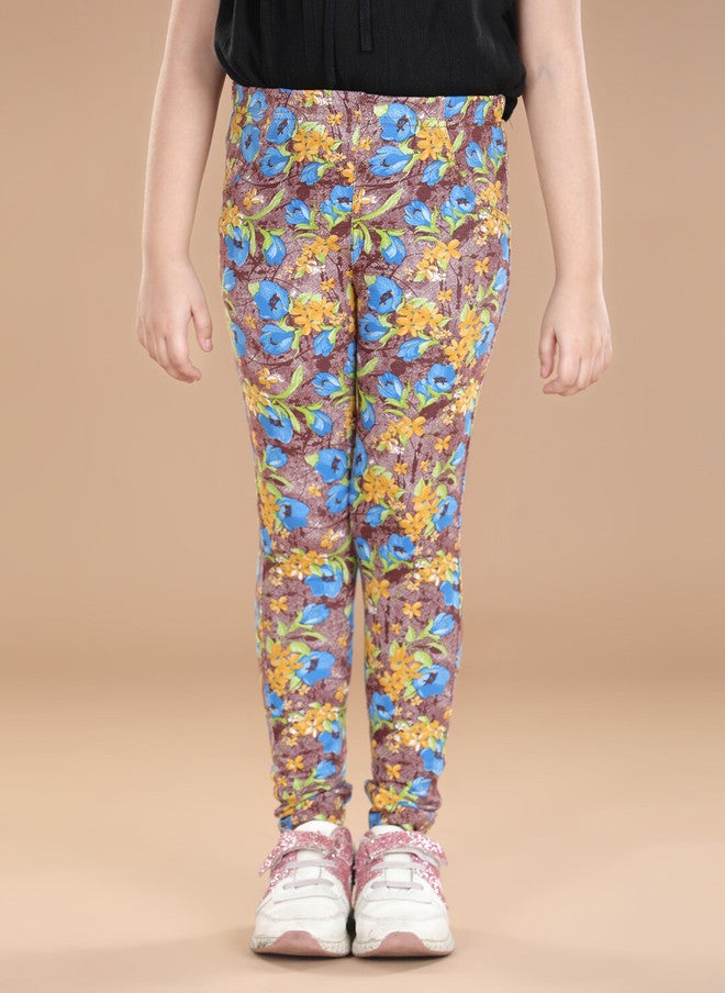 StyleStone Girls Grey & Blue Floral Printed Cotton Jeggings - Image 1