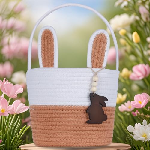 K-MLICE Easter Basket Empty Easter Baskets for Kids Boys Girls with Bunny Tag Egg Basket Eater Gifts Basket Toddler Teens Babys First Easter Basket with Handle Brown - Image 3