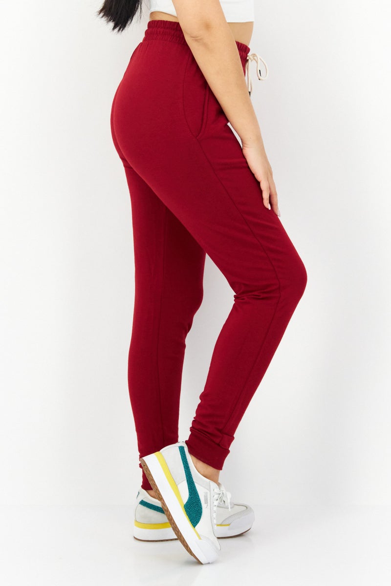 Lark Women Drawstring Plain Jogger Pants, Maroon  - Image 3