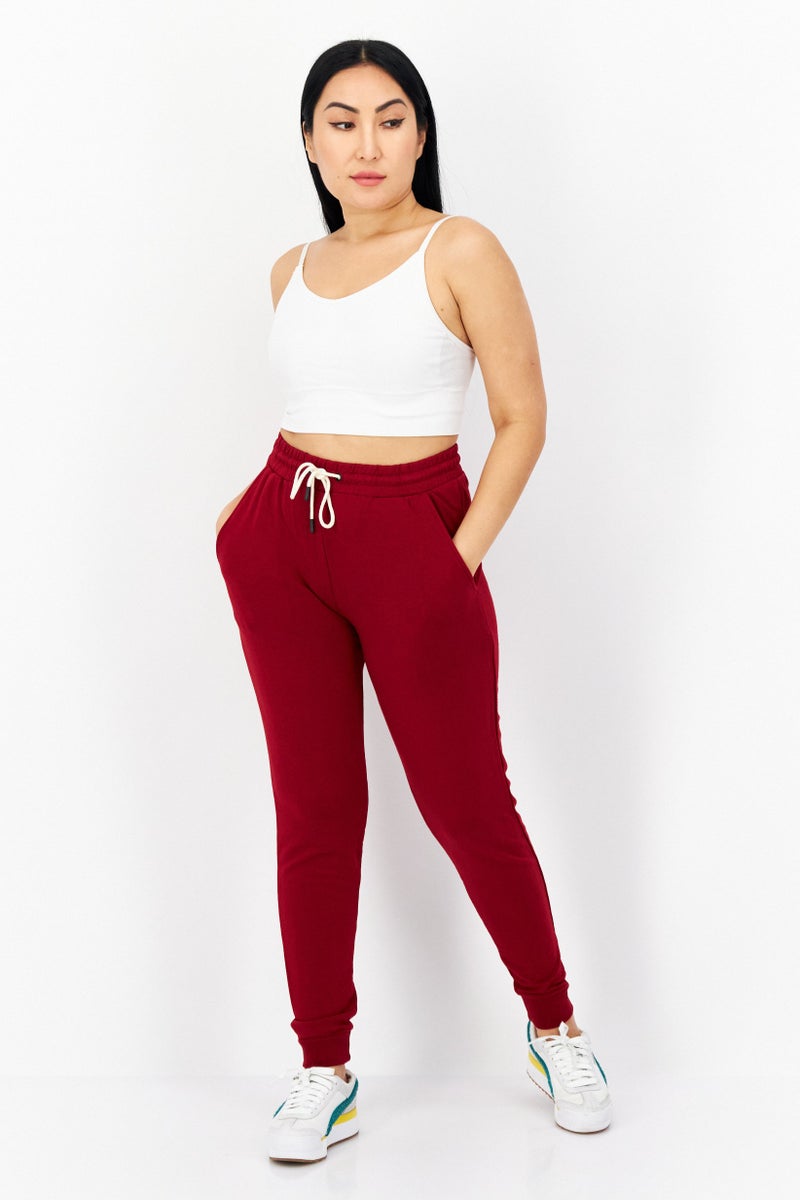 Lark Women Drawstring Plain Jogger Pants, Maroon  - Image 2