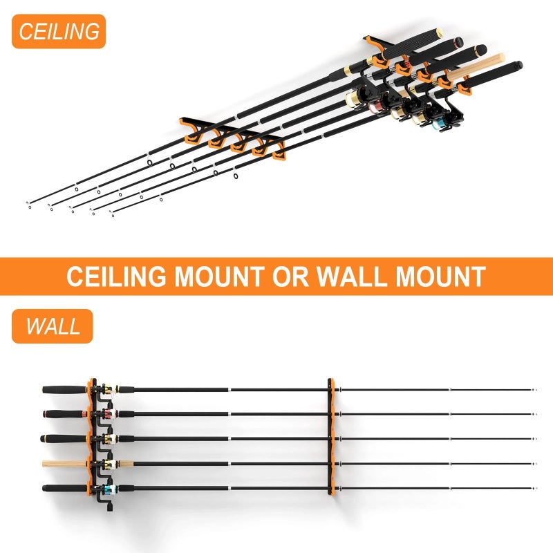 bruwaa Horizontal Fishing Rod Pole Holders for Garage Wall and Ceiling, Anti-Scratch Soft PU Pad Rod Rack, Fishing Pole Storage Organizer Holds up to 5 Rod, Wall Mount Rod Keepers for Casting Rods - Image 4