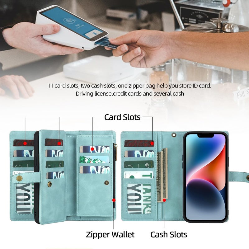 TwoHead Designed for iPhone 13 Wallet Case with Card Holder,Detachable Magnetic Phone Case with Wallet PU Leather Wallet Phone Case for iPhone 13 Case Wallet for Women/Men with Wrist Strap(Blue) - Image 5