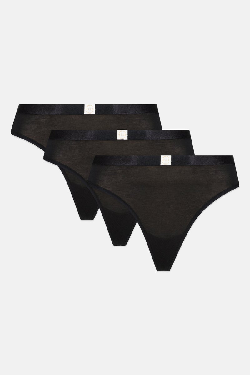 ELLE Women 3 Pack Plain Super Soft Cotton Thong Panty, Black - Image 4