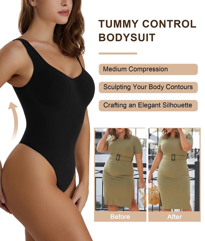 SHAPERX Bodysuit for Women Tummy Control Shapewear Scoop Neck Seamless Thong Body Shaper Tank Top, SZ5240-Black-S/M - Image 4