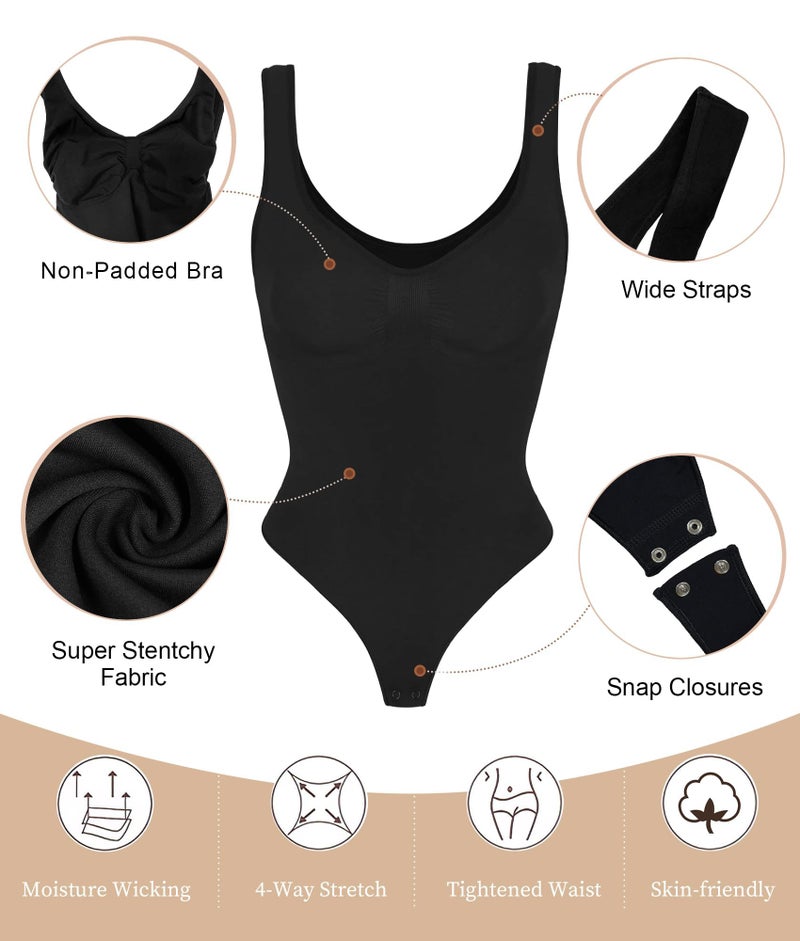 SHAPERX Bodysuit for Women Tummy Control Shapewear Scoop Neck Seamless Thong Body Shaper Tank Top, SZ5240-Black-S/M - Image 3
